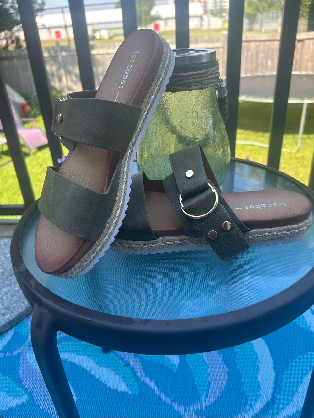 Dual-Strap Olive Slide Sandals with Ring Accent